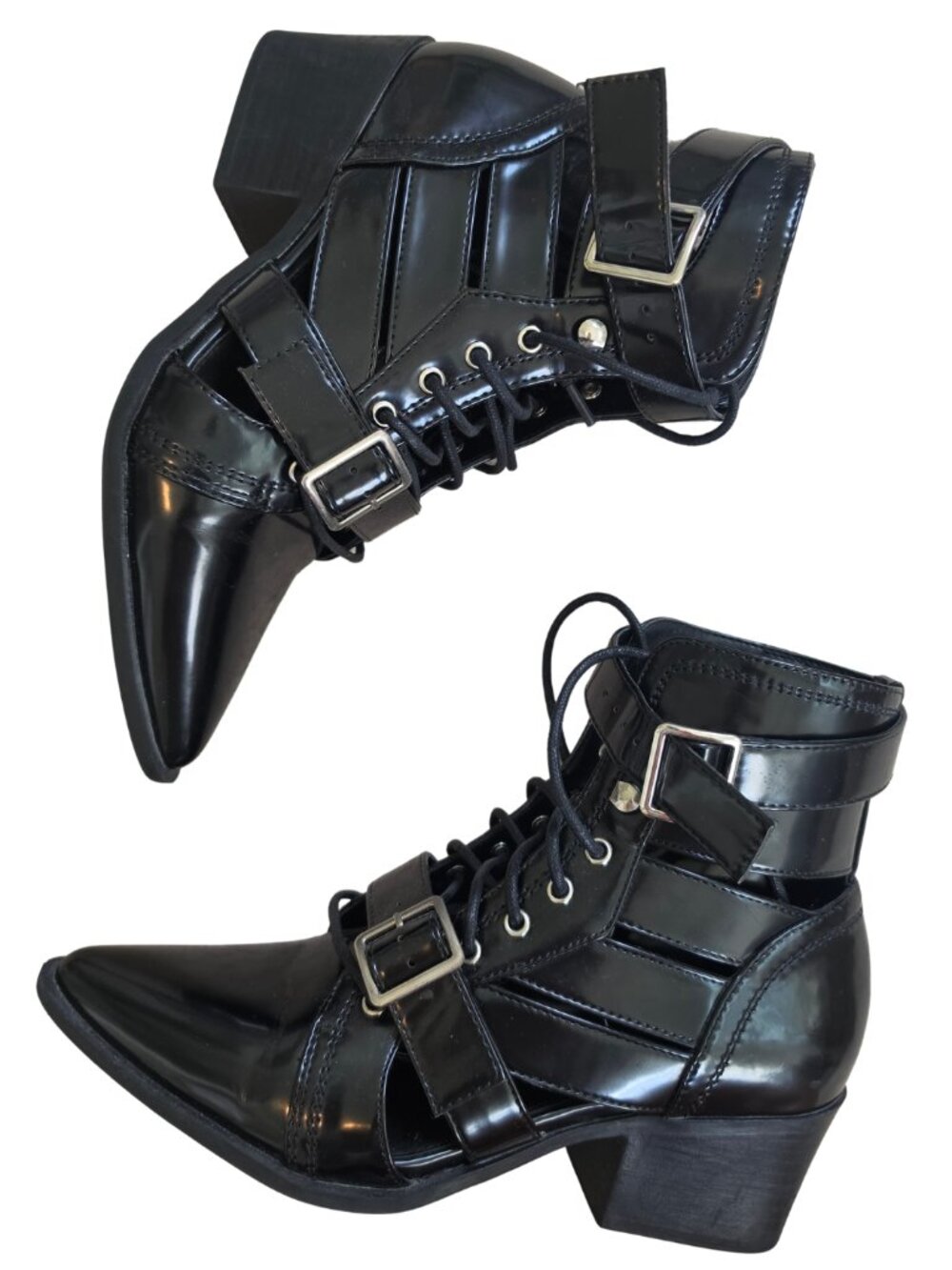 Forever 21 Womens Black Patent Cut Out Buckle Lace Up Ankle Boots Heeled Size 7